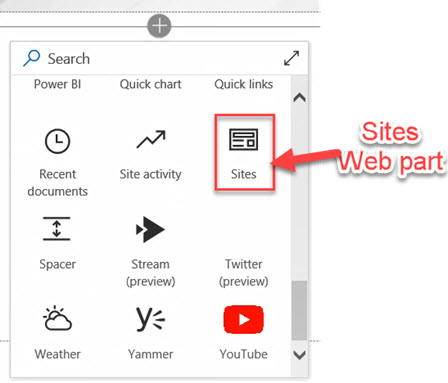 SharePoint add sites web part