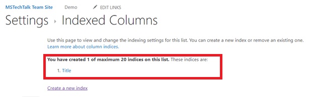 SharePoint list indexed columns
